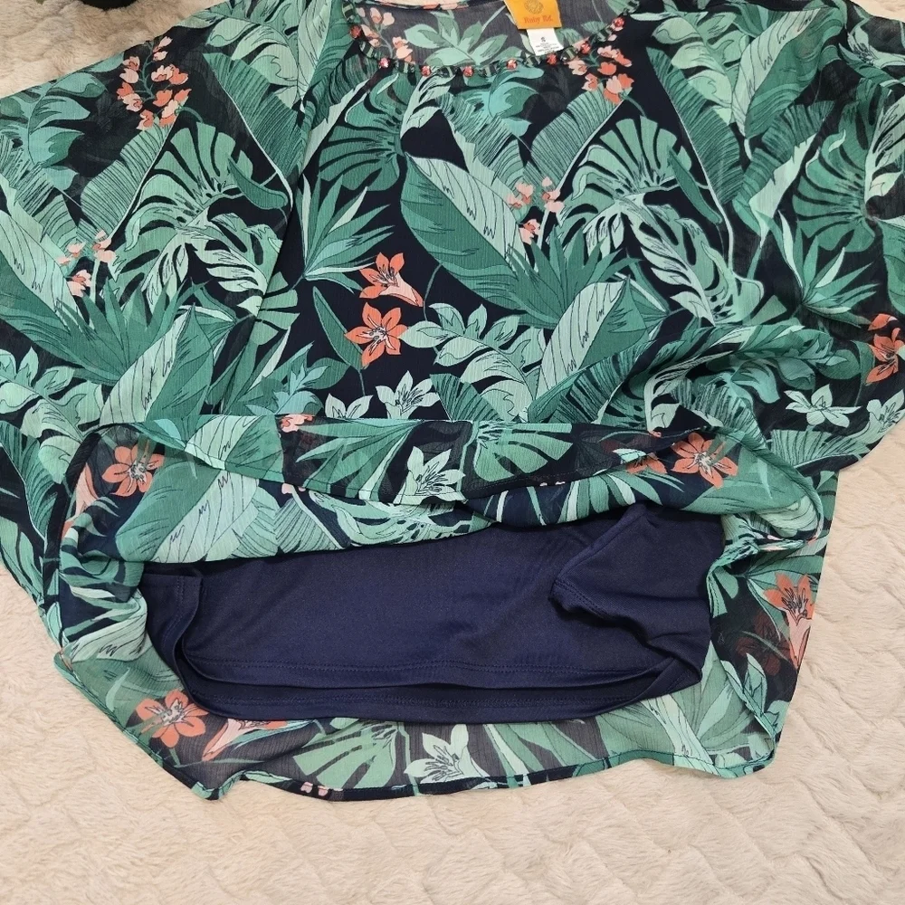 Ruby Rd. Green Tropical Sheer Overlay and Tank Top, Size Small NWT
